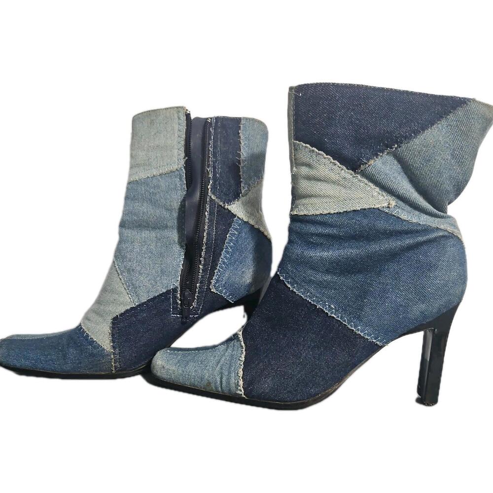 Vtg Classified Patch Blue Denim Distressed Jean Boots Women's Size 9m